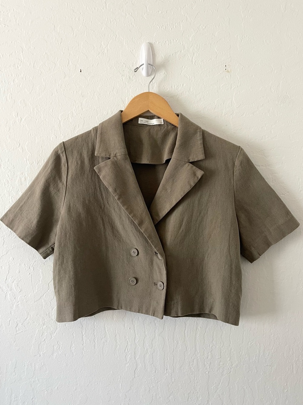 Oak & Fort Double Breasted Cropped Army Green Button Cotton Linen Blouse